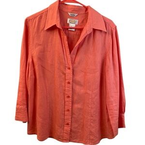 Talbots Linen Blouse Top Coral Peach Button Down Long Sleeve V Neck WM SZ L NICE